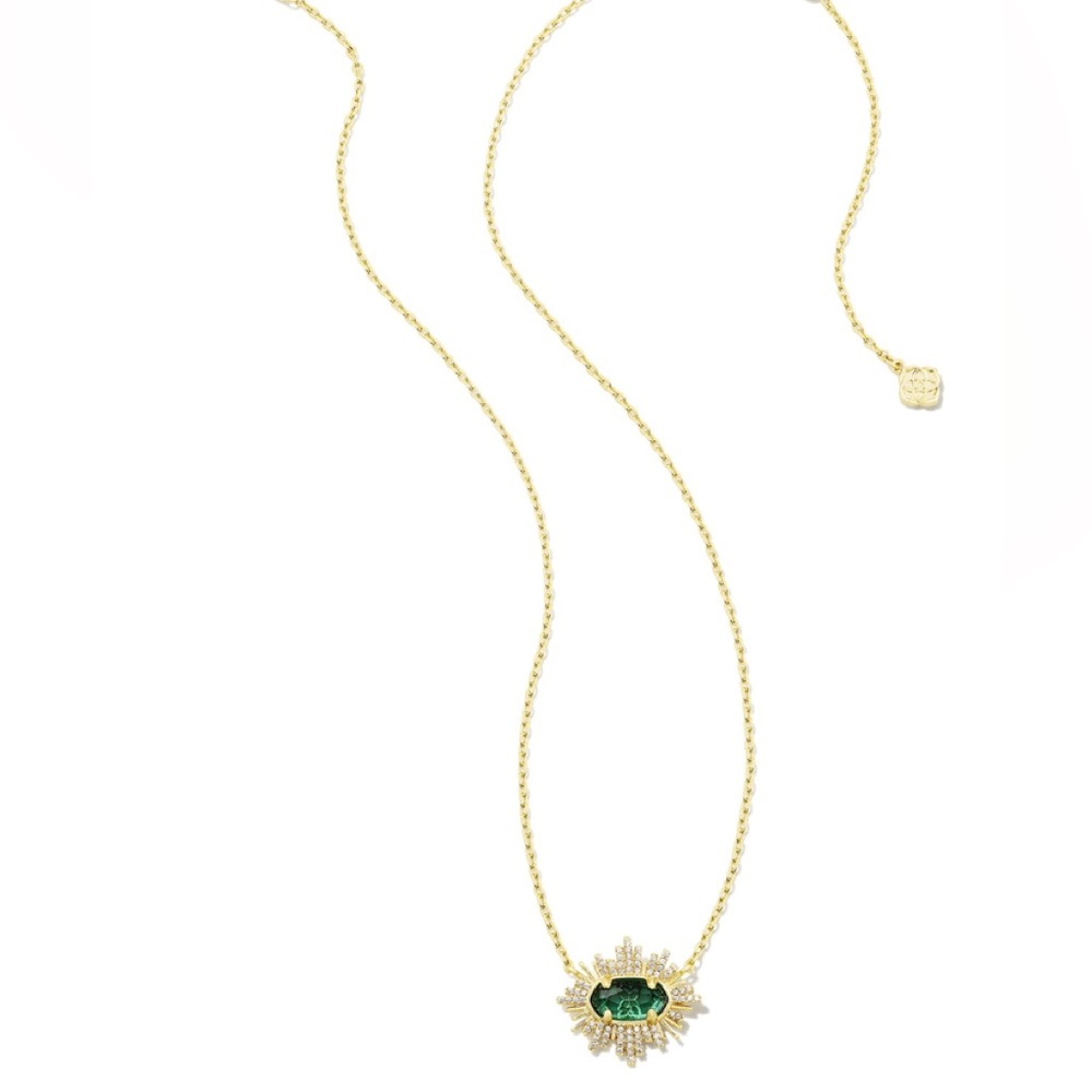 **NWT** Kendra Scott Grayson Gold Sunburst Frame Short Pendant Necklace in Green - Picture 2 of 11